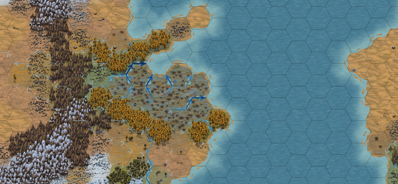 Water flow: rain gathers into rivers on the wet side of the range and runs down to the sea. Thicker, darker arrows carry more water